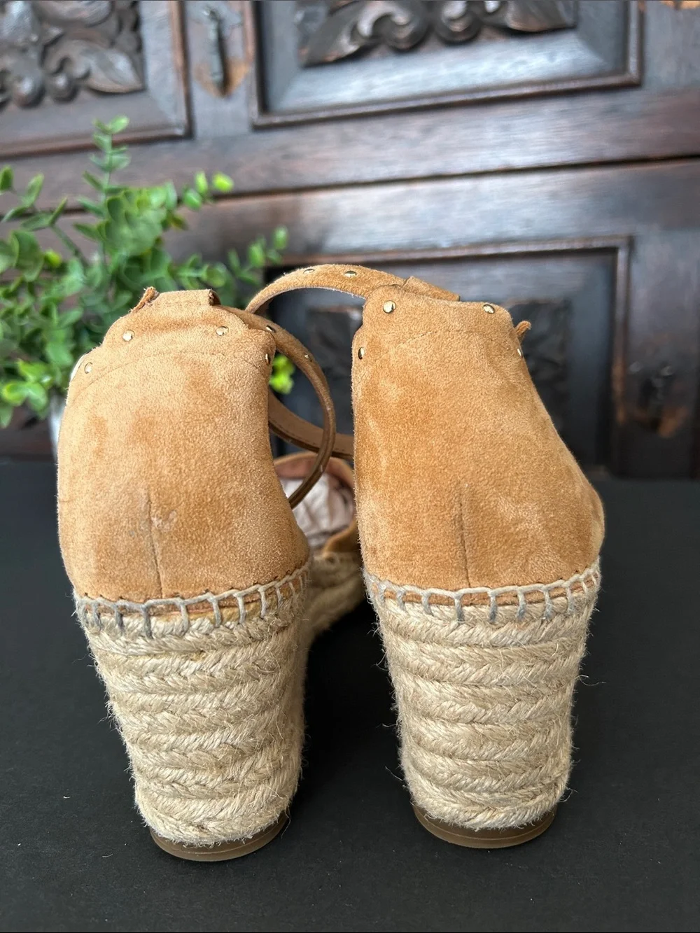 kate spade Tan Suede Espadrille Wedge Sandals with Ankle Strap